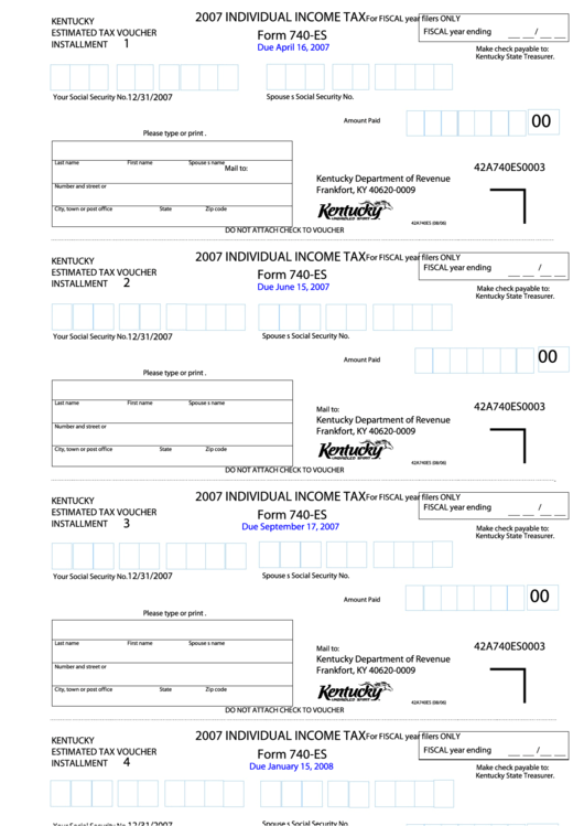 Fillable Form 740-Es - Individual Income Tax - 2007 Printable pdf