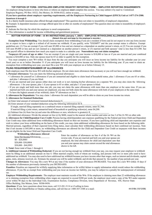 Top Portion Of Form - Centralized Employee Registry Reporting Form - Employer Reporting Requirements - 2006 Printable pdf