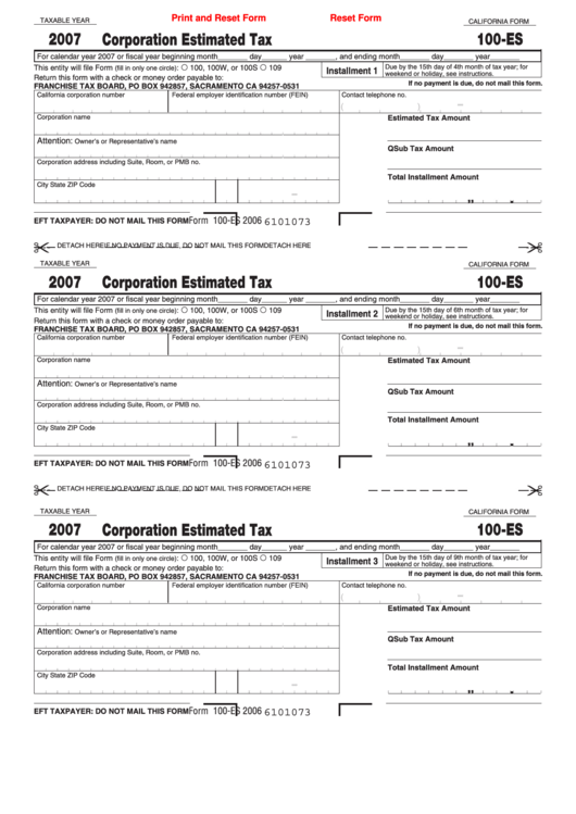 Fillable California Form 100-Es - Corporation Estimated Tax - 2007 Printable pdf
