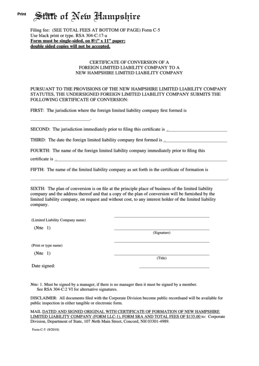 Fillable Form C-5 - Certificate Of Conversion Of A Foreign Limited Liability Company To A New Hampshire Limited Liability Company Printable pdf