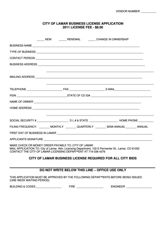 City Of Lamar Business License Application Form - 2011 Printable pdf