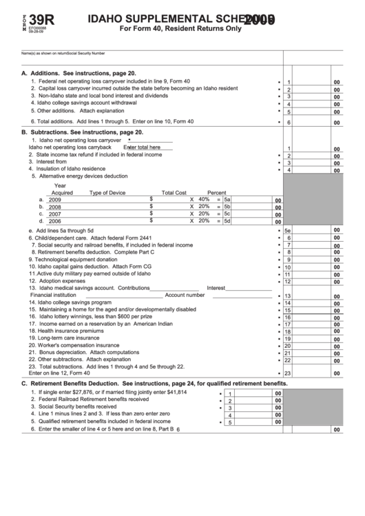 Fillable Form 39r - Idaho Supplemental Schedule For Form 40 - 2009 Printable pdf