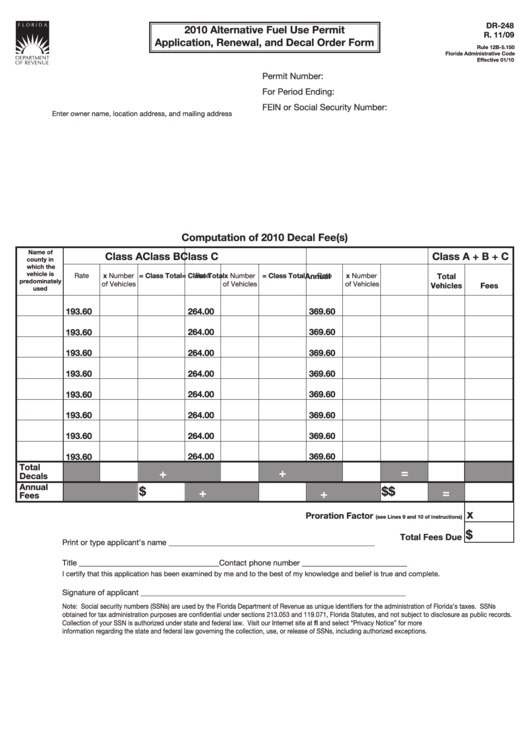 Form Dr-248 - Alternative Fuel Use Permit Application, Renewal, And Decal Order Form - 2010 Printable pdf