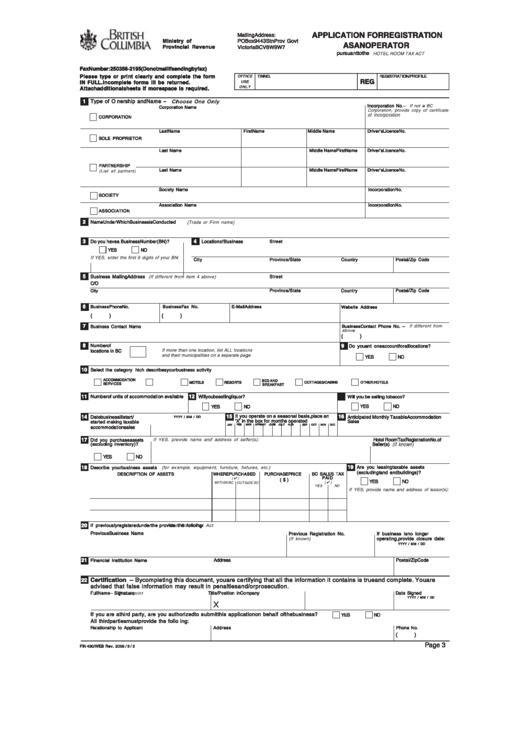 Application For Registration As An Operator Form - Ministry Of Provincial Revenue - British Columbia