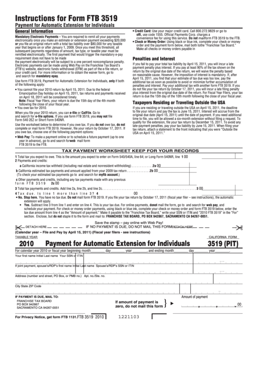 Fillable California Form 3519 (Pit) - Payment For Automatic Extension For Individuals - 2010 Printable pdf
