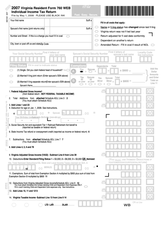Virginia Resident Form 760 Web - Individual Income Tax Return - 2007 Printable pdf
