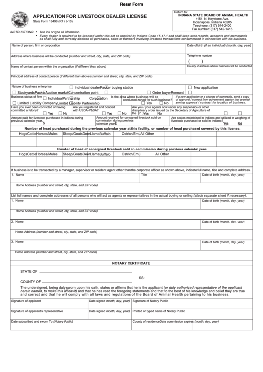 Fillable Form 18496 - Application For Livestock Dealer License Printable pdf