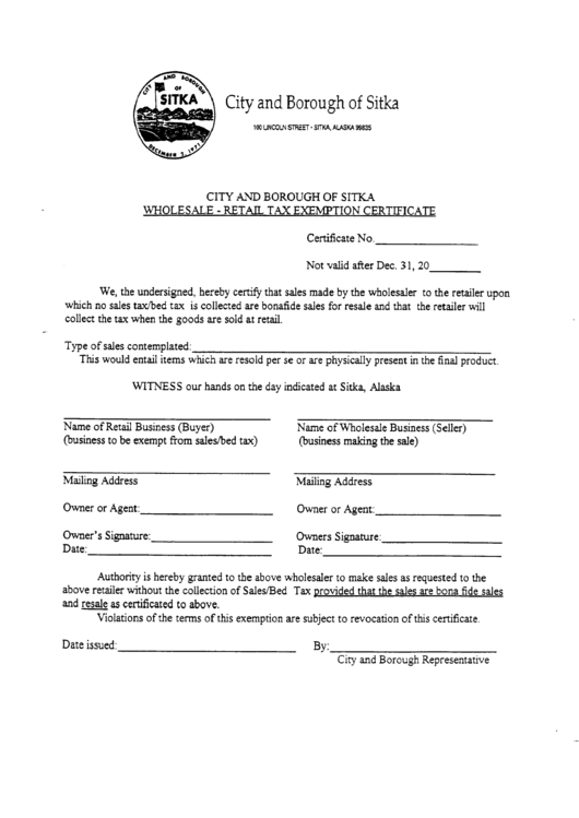 Wholesale - Retail Tax Exemption Certificate Form Printable pdf