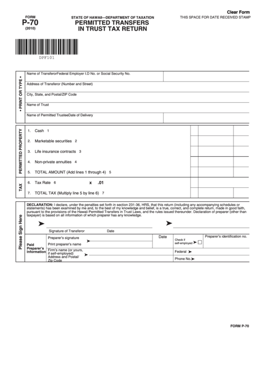 Fillable Form P-70 - Permitted Transfers In Trust Tax Return Printable pdf