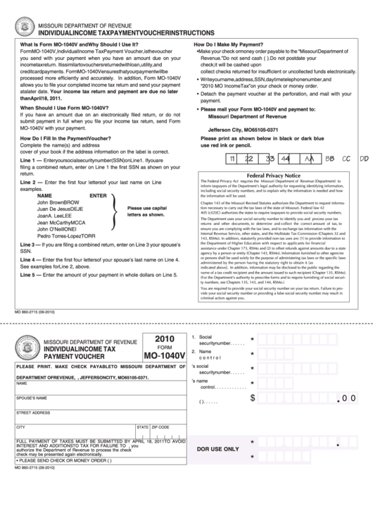 Fillable Form Mo-1040v - Individual Income Tax Payment Voucher - 2010 Printable pdf