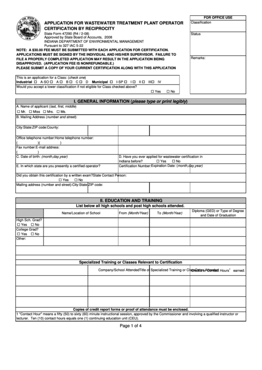 State Form 47290 - Application For Wastewater Treatment Plant Operator Certification By Reciprocity Printable pdf