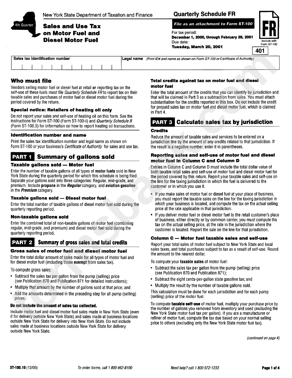 Form St-100.10 - Sales And Use Tax On Motor Fuel And Diesel Motor Fuel December 2000