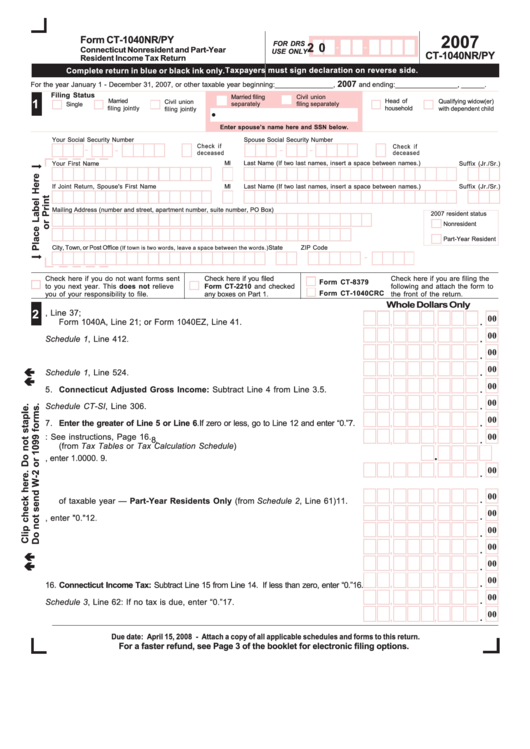 Form Ct-1040nr/py - Connecticut Nonresident And Part-Year Resident Income Tax Return - 2007 Printable pdf