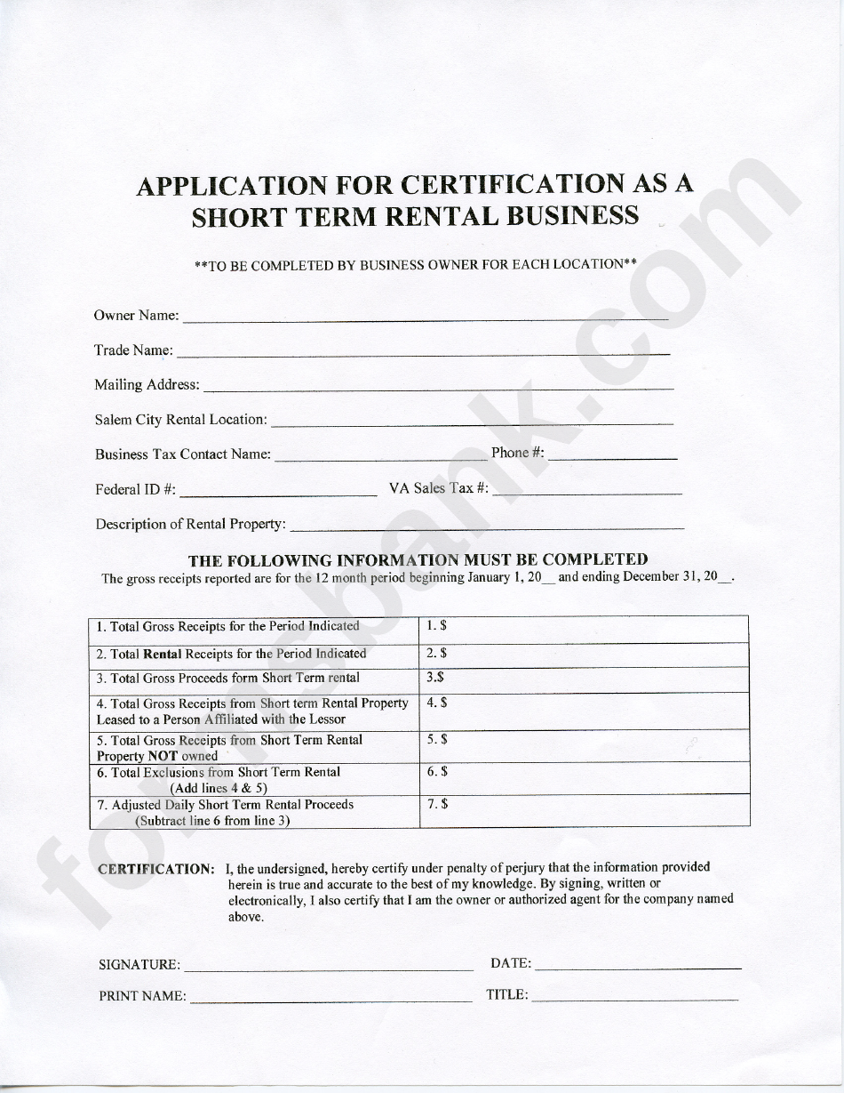 Application For Certification As A Short Term Rental Business