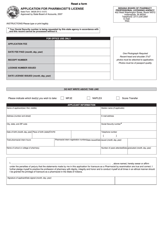 Fillable Form 36028 - Application For Pharmacist