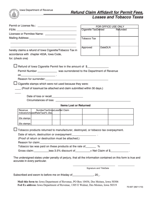 Form 70-057 - Refund Claim Affidavit For Permit Fees, Losses And Tobacco Taxes Printable pdf