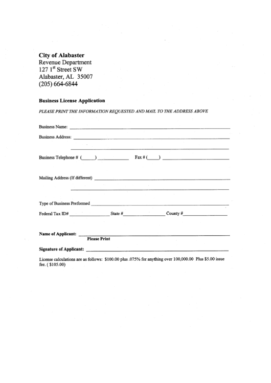 Business License Application Form Printable pdf