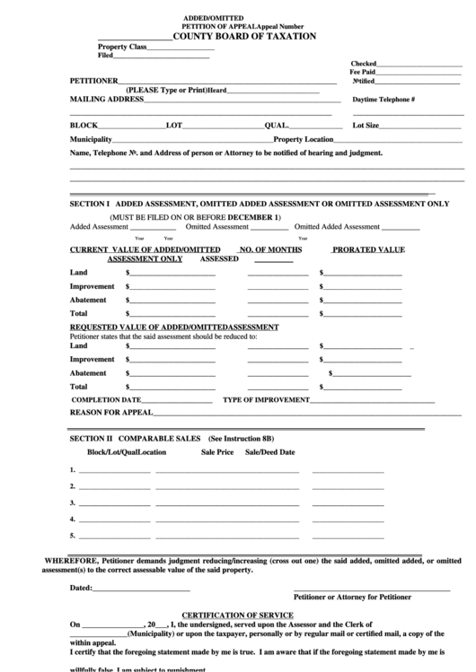 Fillable Added Or Omitted Petition Of Appeal - County Board Of Taxation Printable pdf