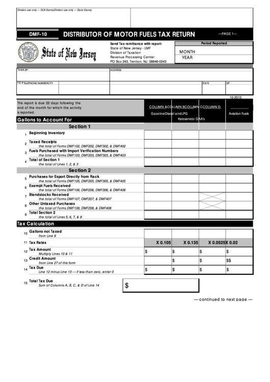 Form Dmf -10 - Distributor Of Motor Fuels Tax Return Printable pdf