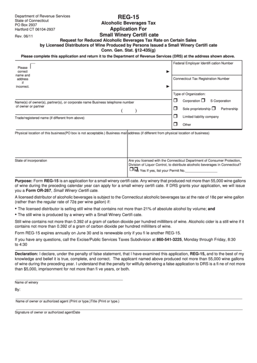 Form Reg-15 - Alcoholic Beverages Tax Application For Small Winery Certificate Printable pdf