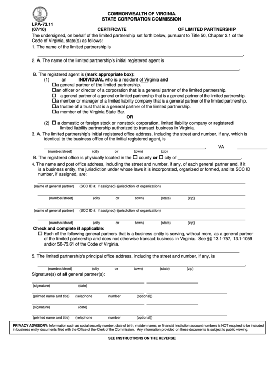 Form Lpa-73.11 - Certificate Of Limited Partnership Printable pdf