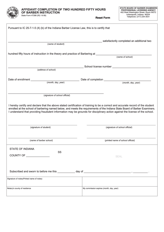 State Form 47266 - Affidavit Completion Of Two Hundred Fifty Hours Of Barber Instruction Printable pdf