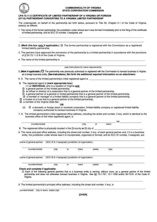 Form Lpa-73.11:3 - Certificate Of Limited Partnership Of A Virginia Or Foreign Partnership Converting To A Virginia Limited Partnership Printable pdf