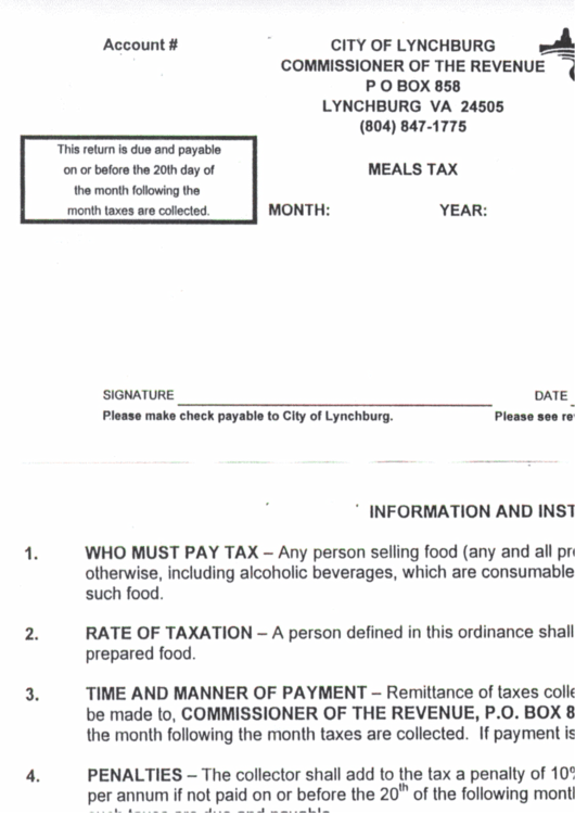 Meals Tax Form printable pdf download