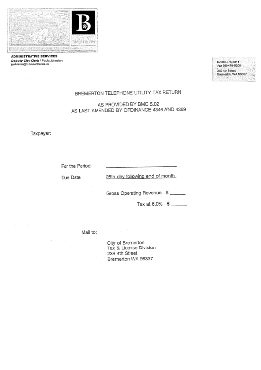 Bremerton Telephone Utility Tax Return Form Printable pdf