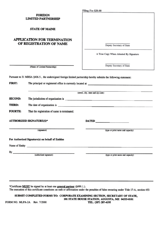 Form No. Mlpa-2a - Application For Termination Of Registration Of Name July 2000 Printable pdf