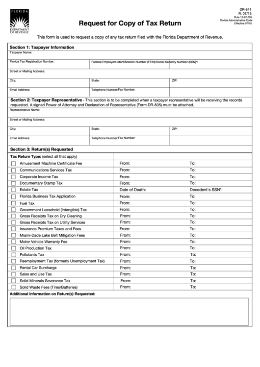 Fillable Form Dr-841 - Request For Copy Of Tax Return July 2015 Printable pdf