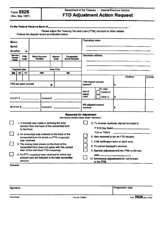 Form 5526 - Ftd Adjustment Action Request May 1987 Printable pdf