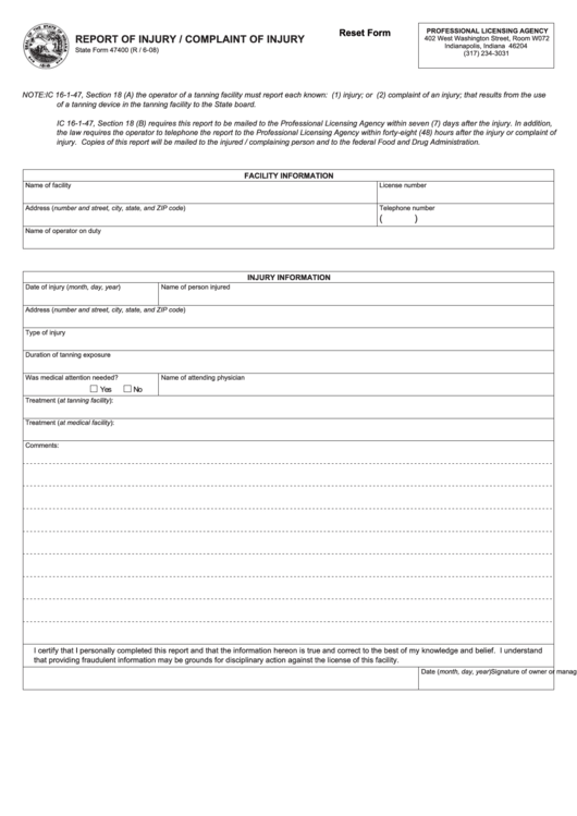 Fillable Form 47400 - Report Of Injury / Complaint Of Injury Printable pdf