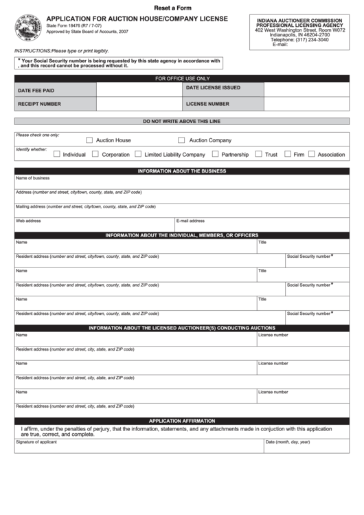 Fillable Form 18476 - Application For Auction House/company License Printable pdf