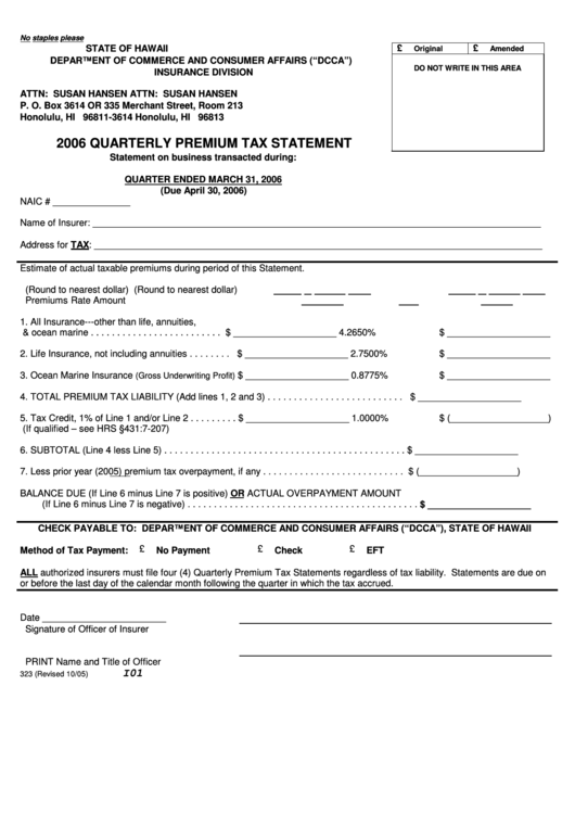 Form 323 - Quarterly Premium Tax Statement - 2006 Printable pdf