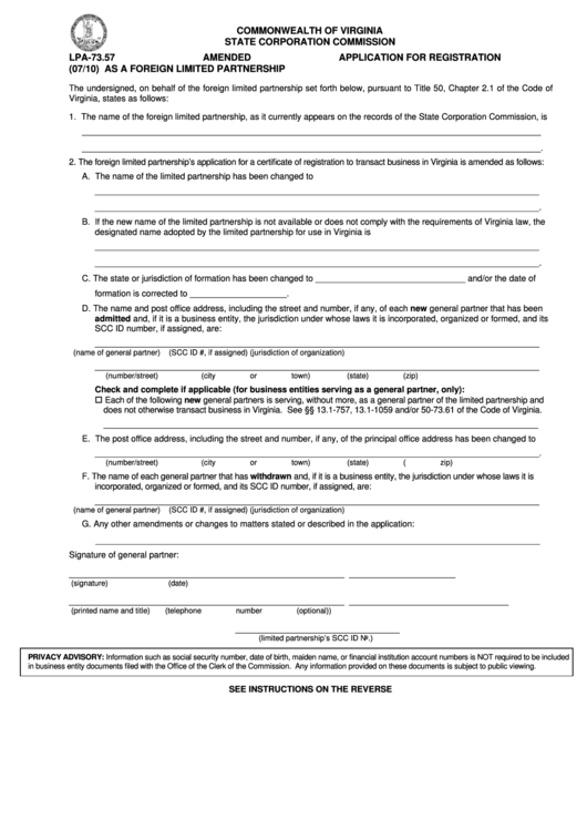 Form Lpa-73.57 - Amended Application For Registration As A Foreign Limited Partnership Printable pdf