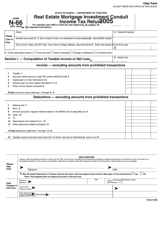 Fillable Form N-66 - Real Estate Mortgage Investment Conduit Income Tax Return - 2005 Printable pdf