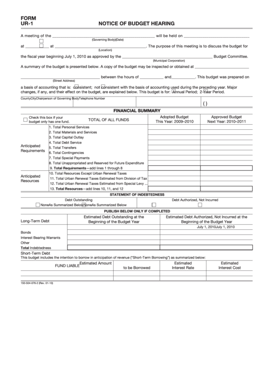 Fillable Form Ur-1 - Notice Of Budget Hearing - 2010 (Tillamook, Or) Printable pdf