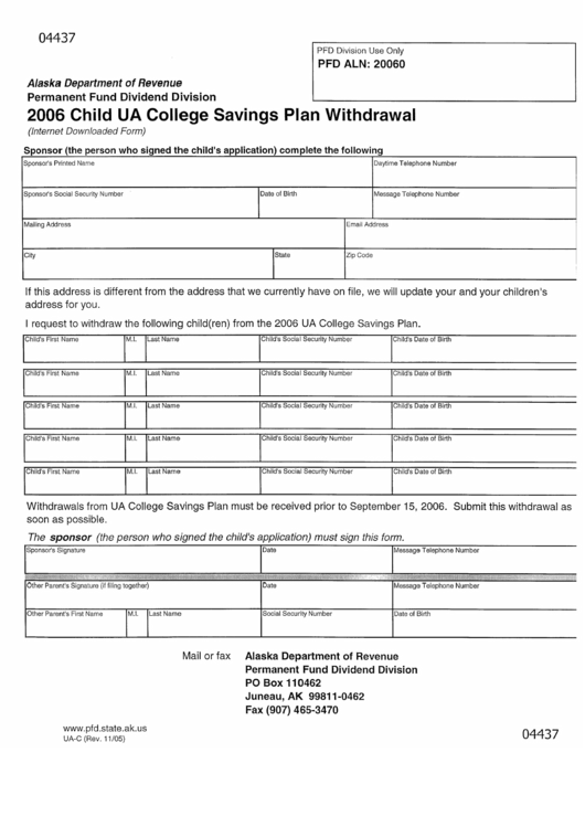 Form Ua-C - Child Ua College Savings Plan Withdrawal November 2005 Printable pdf