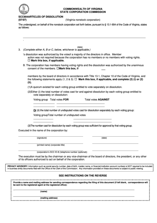 Form Scc904 - Articles Of Dissolution Printable pdf