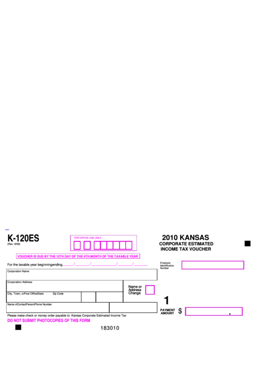 Fillable Form K-120es - Kansas Corporate Estimated Income Tax Voucher - 2010 Printable pdf