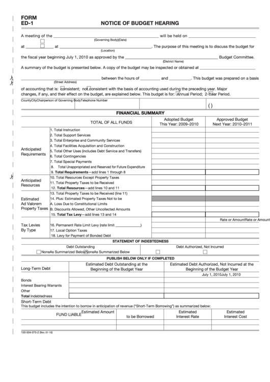 Fillable Form Ed-1 - Notice Of Budget Hearing - 2010 Printable pdf