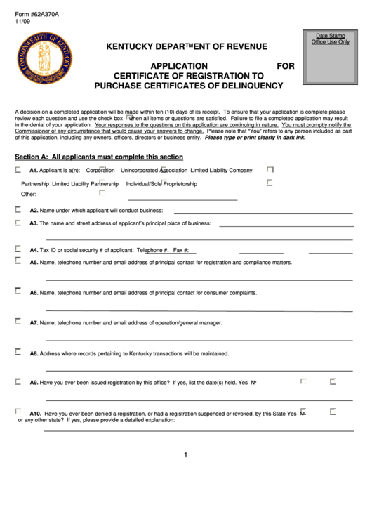 Form 62a370a - Application For Certificate Of Registration To Purchase Certificates Of Delinquency Printable pdf