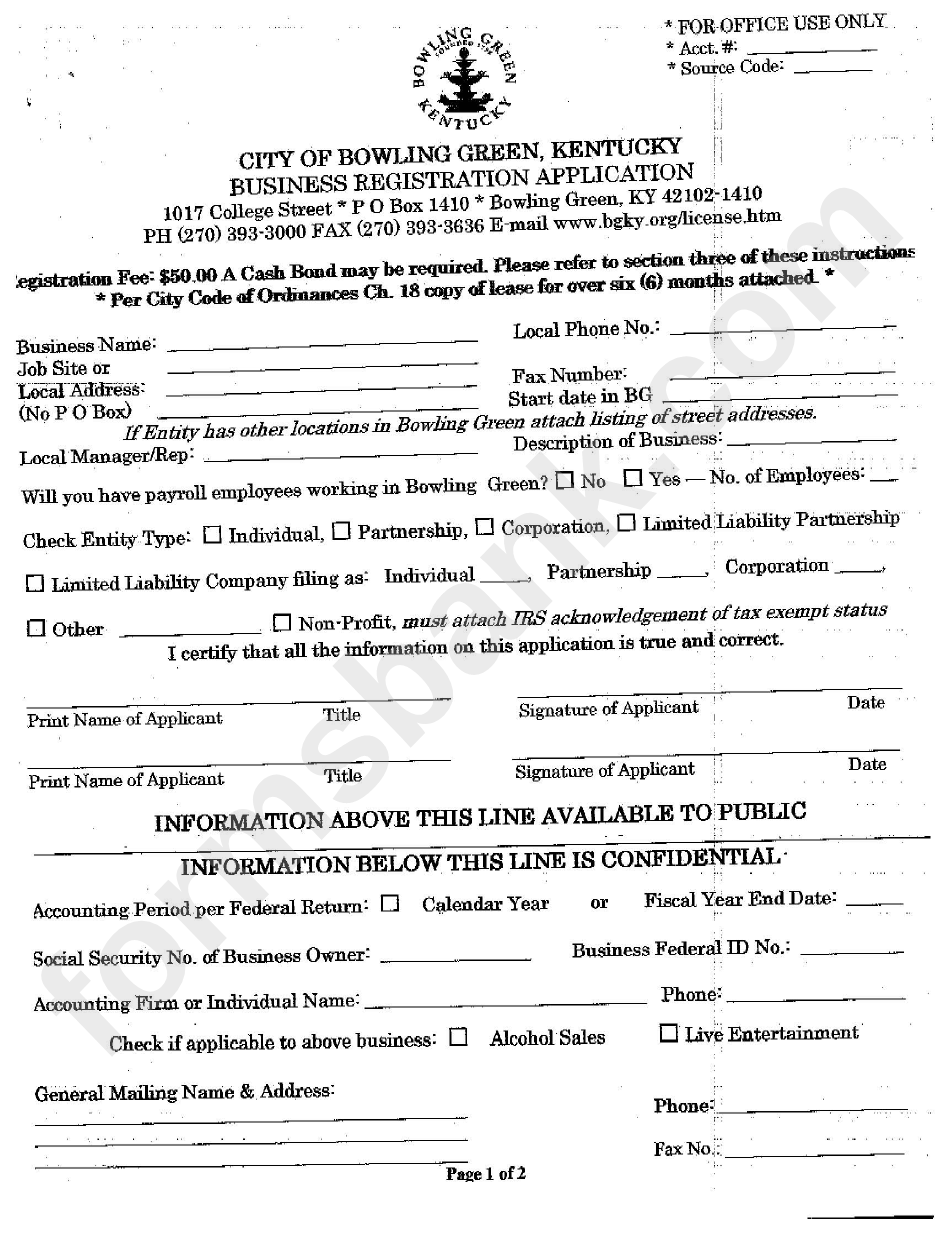 Business Registration Form Instructions - City Of Bowling Green, Kentucky