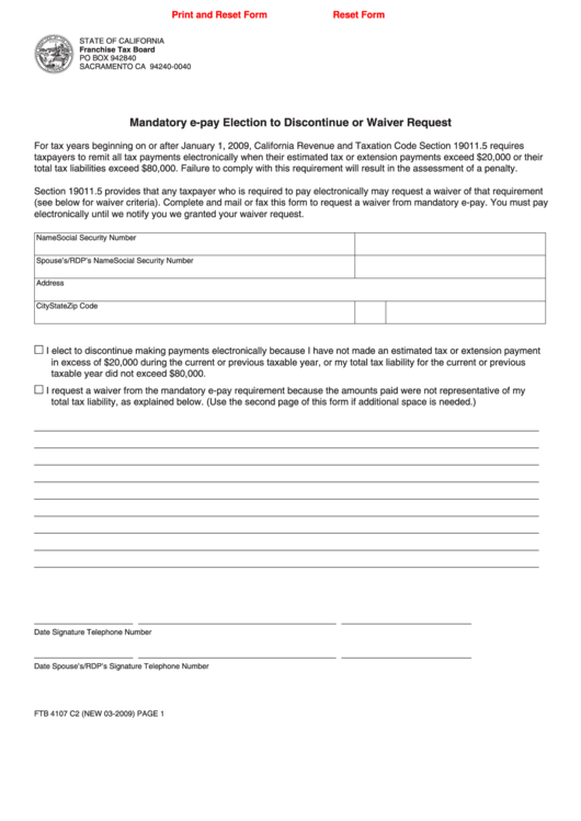 Fillable Form Ftb 4107 C2 - Mandatory E-Pay Election To Discontinue Or Waiver Request Printable pdf