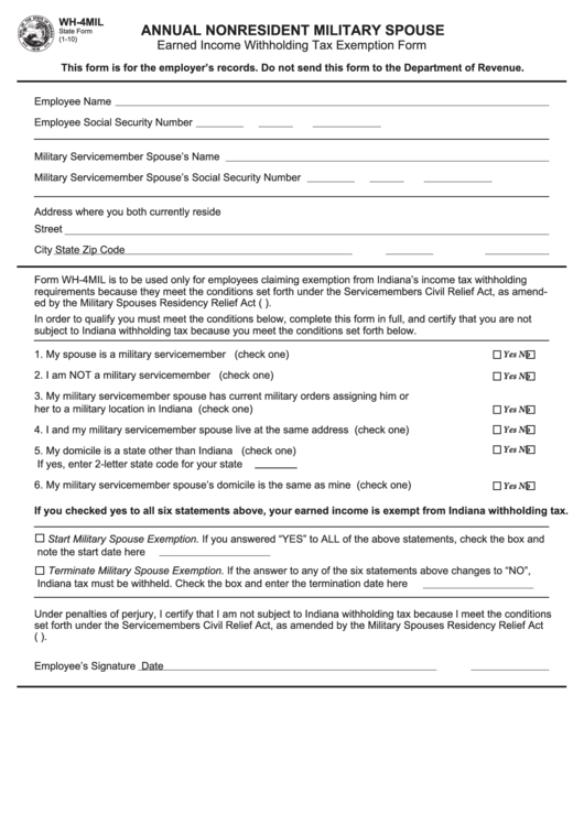 Form Wh-4mil - Earned Income Withholding Tax Exemption Form