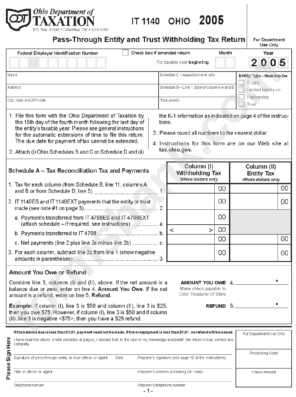 Form It 1140 - Pass-Through Entity And Trust Withholding Tax Return - 2005