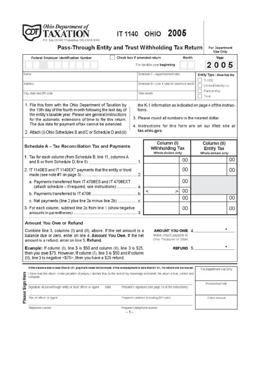 Form It 1140 - Pass-Through Entity And Trust Withholding Tax Return - 2005 Printable pdf
