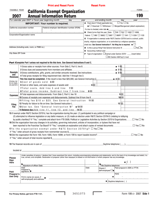 Fillable Form 199 - California Exempt Organization Annual Information Return - 2007 Printable pdf