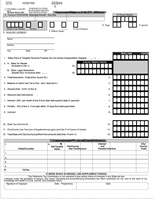 Fillable Oklahoma Vendors Use Tax Report Printable pdf